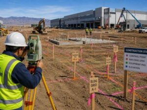 Construction staking in North Las Vegas Nevada showing a land surveyor setting control points, building grids, equipment pads, and elevations for an advanced manufacturing site.